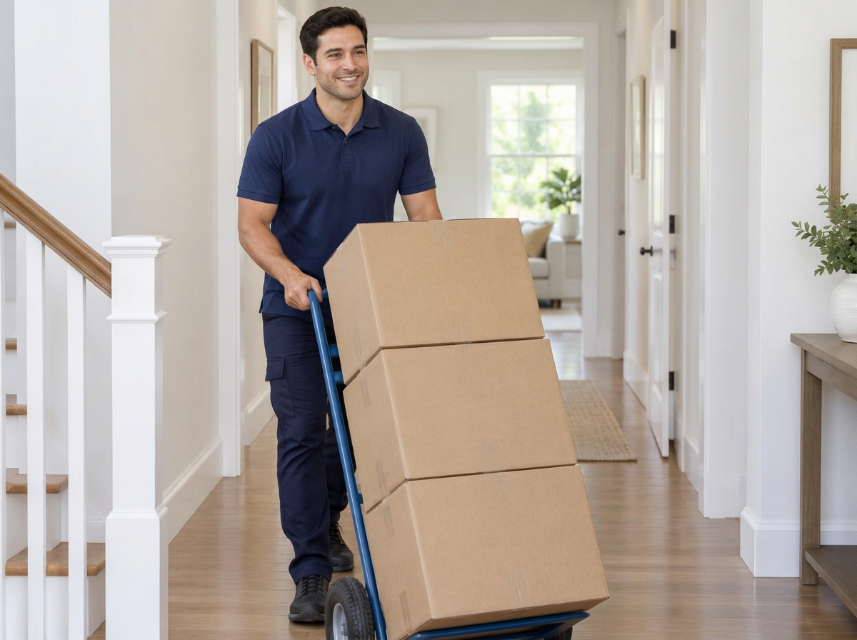 Mover wheeling labeled moving boxes into a home on a hand truck