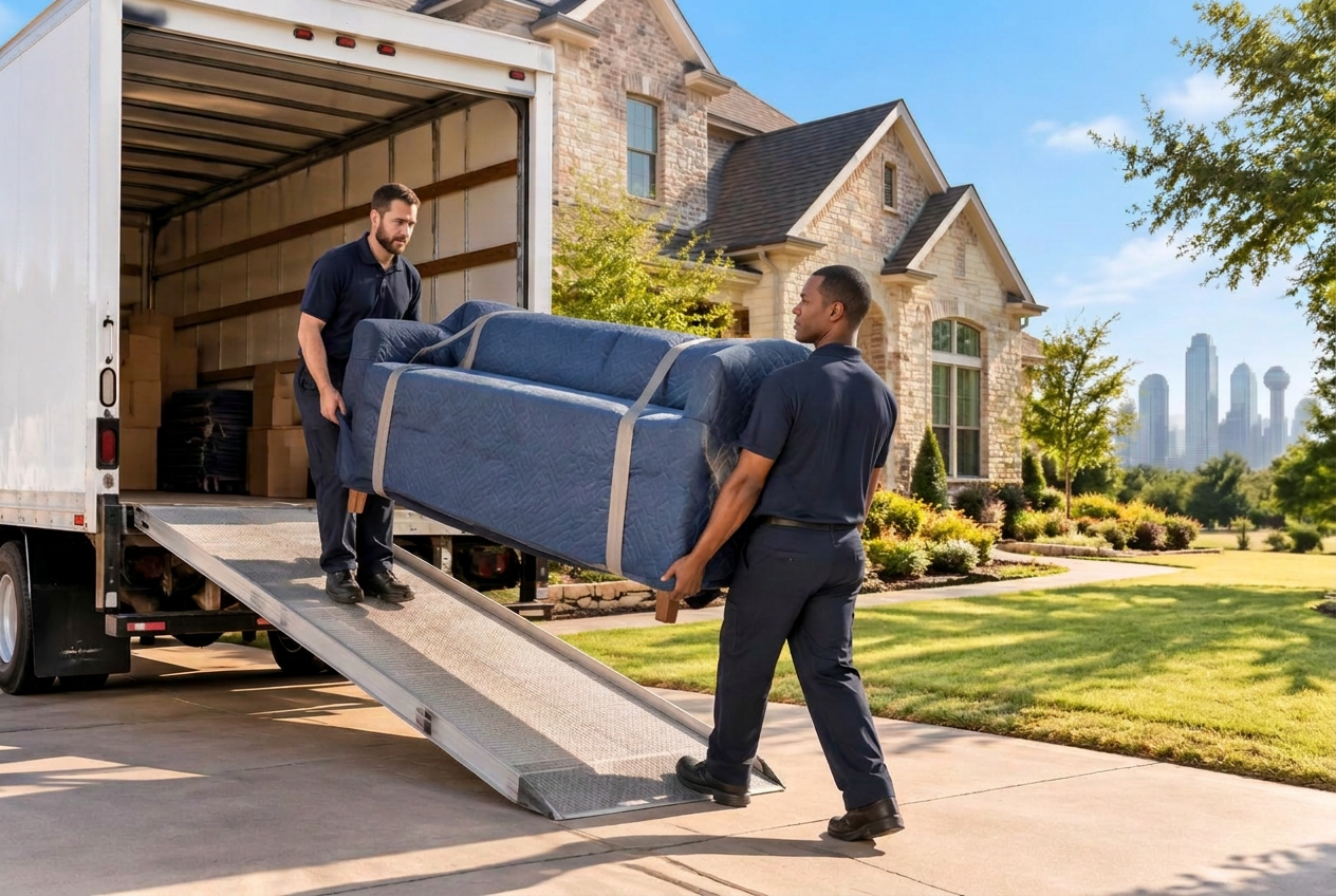 Honest Moving Dallas crew carrying a blanket-wrapped sofa down a truck ramp at a Dallas home